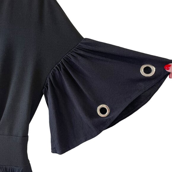 Maje Size M Rotery Grommet Trim Dress Mini LBD Flowy Rocker Bell Sleeve Flare - Picture 10 of 15